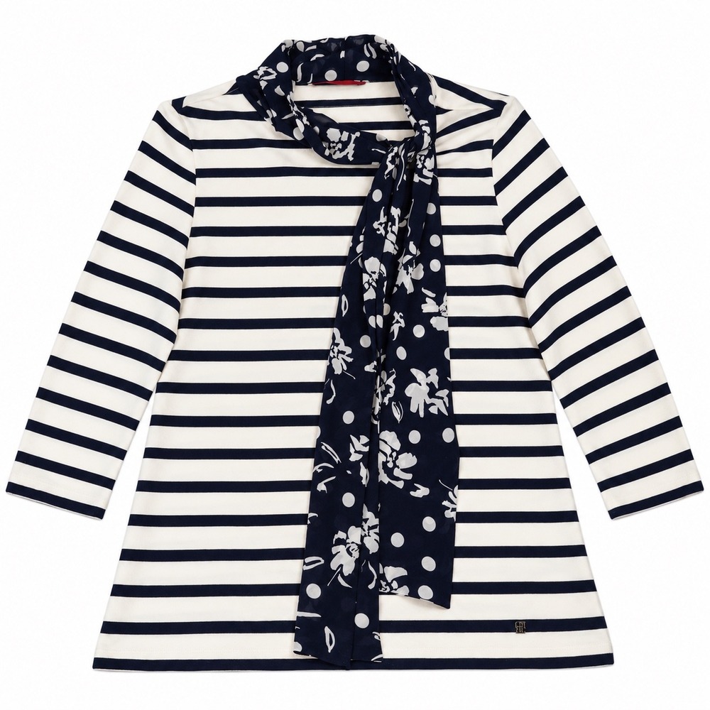 Carolina Herrera Cotton Top L Navy White Striped Silk Scarf Tie Neck